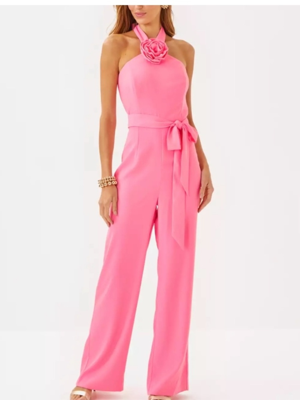 Lilly Pulitzer Pink Halter Connie Jumpsuit Rosette Neck Wide Leg NWT Size 2